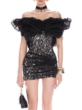 Black lace dress with ruffled shoulders